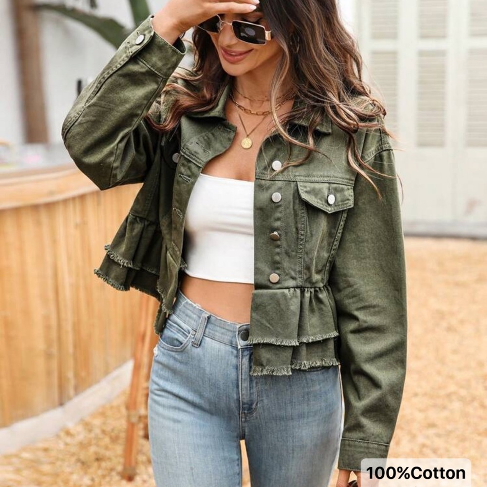SHEIN Army Green Frayed Edge Button Front Denim Jacket Size Small